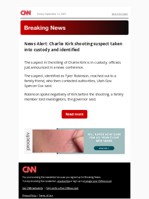 CNN - News Alert: Charlie Kirk shooting suspect taken into custody and identified