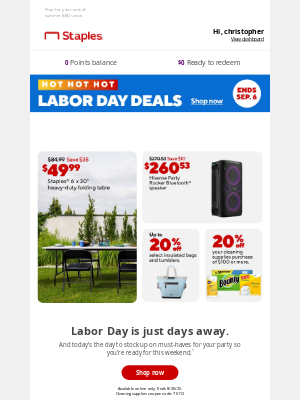 Staples - Party picks: $49.99 tables, 20% off coolers + more!