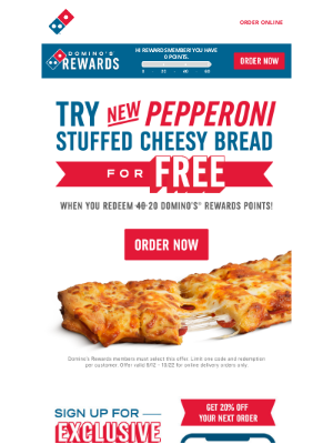 Domino's Pizza - Member Exclusive 🚨 Try NEW Pepperoni Stuffed Cheesy Bread for FREE with just 2 orders