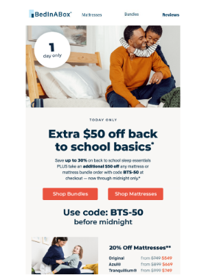 BedInABox - Here’s an extra $50 off back to school sleep essentials.