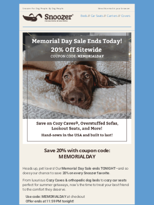 Snoozer Pet Products - Final Hours to Save 20% Sitewide!