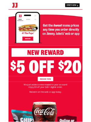 Jimmy John's - Open for a $5 off $20+ reward 🤑