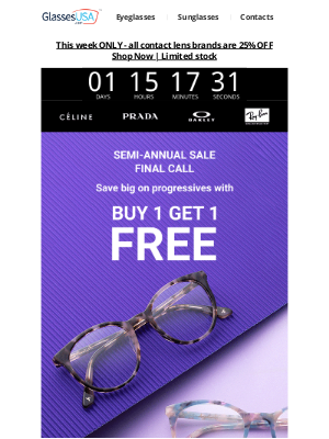 GlassesUSA - ⏰ The semi-annual sale ENDS TODAY! Get BOGO FREE on progressives now 🔴🔴