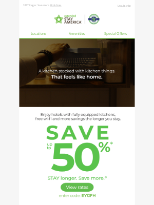Extended Stay America - Promo code EYGFH saves you up to 50%*