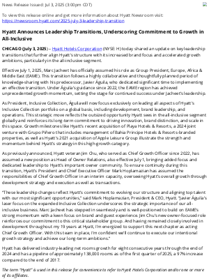 Hyatt Hotels - Hyatt Announces Leadership Transitions, Underscoring Commitment to Growth in All-Inclusive