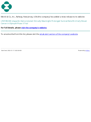 Merck & Co - LYNPARZA® (olaparib) Demonstrated Clinically Meaningful Prolonged Survival Benefit in Early Breast Cancer in OlympiA Phase 3 Trial