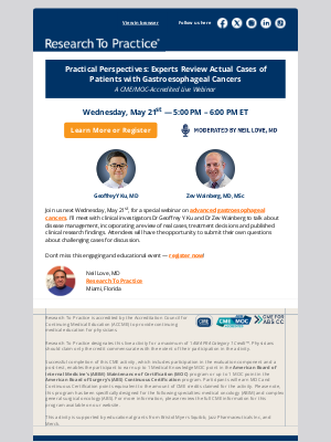 Research To Practice - Join us May 21st for a webinar on treatment for advanced gastroesophageal cancers