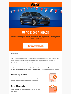 Sixt rent a car - Up to $300 cashback on your SIXT+ car subscription