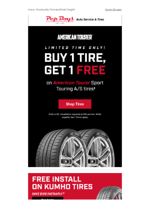 Pep Boys - Just Days Left: Buy 1 American Tourer Tire, Get 1 Free!