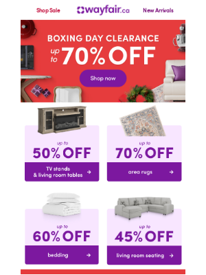 Wayfair (Canada) - 👉 BOXING DAY 👉 UP TO 70% OFF 👉 Go all out!