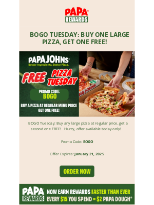 Papa John's - BOGO Tuesday: Buy One Large Pizza, Get One Free!🍕