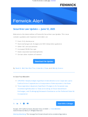 Fenwick & West - [Fenwick Alert] Securities Law Update — June 12, 2025