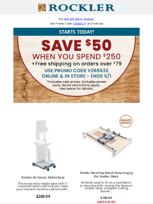 Rockler Woodworking and Hardware - Just Dropped: $50 Off Orders $250+