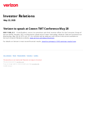 Verizon - Verizon to speak at Cowen TMT Conference May 28