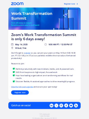 Zoom Video Communications - You can still register for the May 14th Work Transformation Summit!