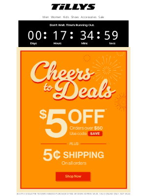Tillys - Celebrate Savings : $5 Off + 5 cent Shipping | Ends Today!