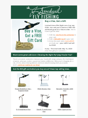 J Stockard Fly Fishing - Buy a Vise, Get a $50 Gift Card