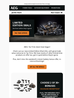 AEG Power Tools (Australia) - Tax Time Limited Edition deals + instant battery bonus