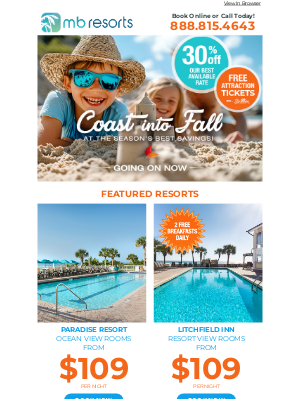 Brittain Resorts & Hotels - 🏖️Your Fall Beach Escape Starts Here: Ocean View Rooms from $109 Per Night During Our Coast Into Fall Sale! 🍁