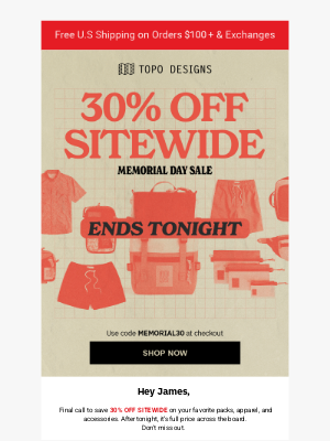 Topo Designs - 30% OFF all gear ends tonight