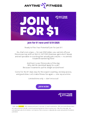 Anytime Fitness - We're not joking... JOIN FOR $1!