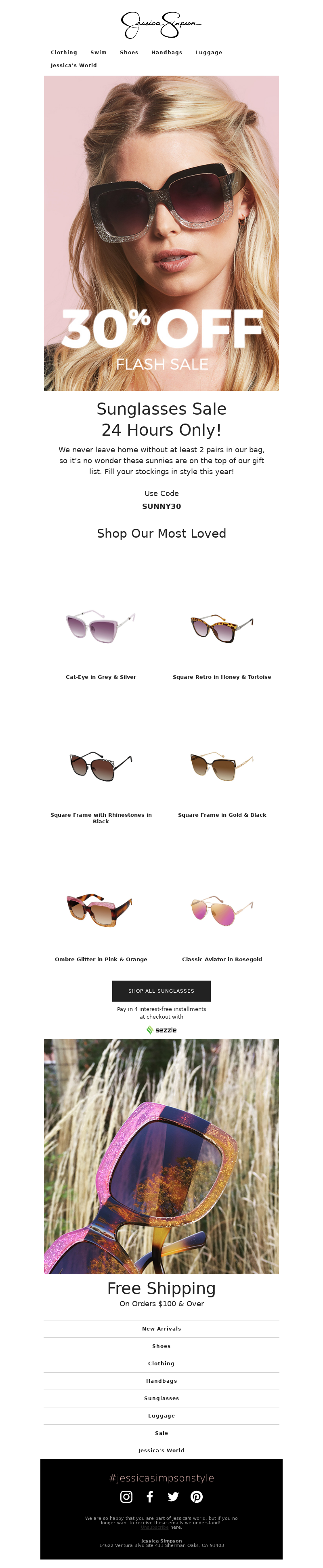 Discount email example from Jessica Simpson Sunglasses