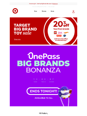 Target (Australia) - LAST CHANCE! The OnePass Big Brands Bonanza sale ends tonight!