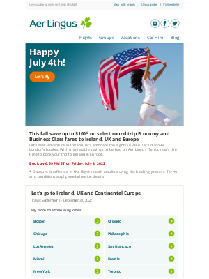 Aer Lingus - 🎉 Happy July 4th! Save up to $100 on fall fares to Ireland, UK & Europe