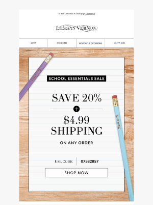 Lillian Vernon - 20% off + $4.99 shipping: School Essentials Sale