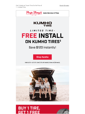 Pep Boys - 5 DAYS ONLY! FREE Install on Kumho Tires 🔥