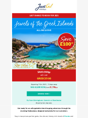 Just Go! Holidays (United Kingdom) - SAVE £100pp on your dream Greek island-hopping escape