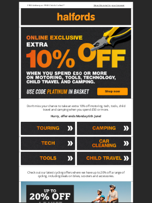 Halfords (UK) - ENDS SOON: Extra 10% off!