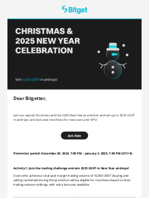 Bitget - Celebrating Christmas & New Year: Win up to 3025 USDT in airdrops!