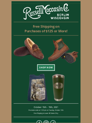 Russell Moccasin Co. - Purchases of $125 or More Earn Free Shipping!