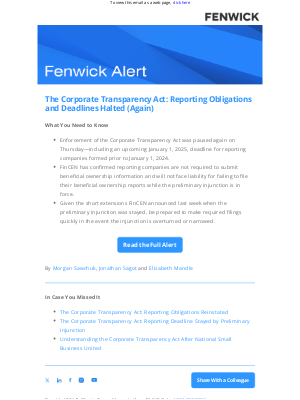 Fenwick & West - [Fenwick Alert] The Corporate Transparency Act: Reporting Obligations and Deadlines Halted (Again)