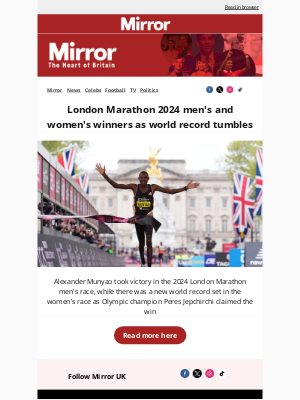 Daily Mirror (United Kingdom) - LONDON MARATHON🏃‍♀️2024 men's and women's winners as world record tumbles