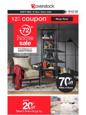 Overstock - 12% off Coupon! 🥳 The 72-Hour Home Sale Ends TONIGHT! ⏳ Hurry & Save TODAY! 🤩