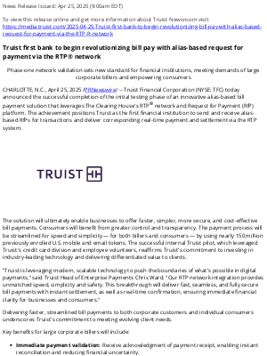 Truist Financial - Truist first bank to begin revolutionizing bill pay with alias-based request for payment via the RTP® network