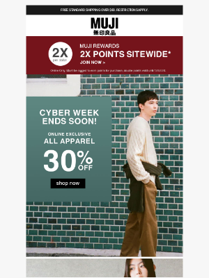 MUJI - Hurry—30% OFF apparel ends this Cyber Weekend!