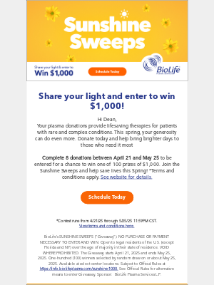 BioLife Plasma - 📣 Sunshine Sweeps Is On – Will You Win?🌻