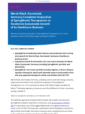 Merck KGaA - Acquisition of SpringWorks Therapeutics Completed