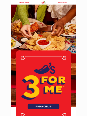 Chili's Grill & Bar - $10.99 goes wayyy further with 3 for Me