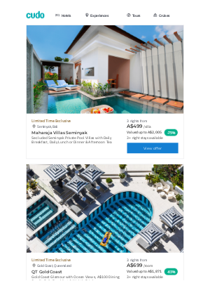 Cudo (Australia) - Seminyak Pool Villas w. Daily Breakfast & Nightly Dinner | Gold Coast QT Escape w. Daily Breakfast & Nightly Drinks | Bangkok Suites w. Daily Breakfast & Nightly Free-Flow Cocktail Hour