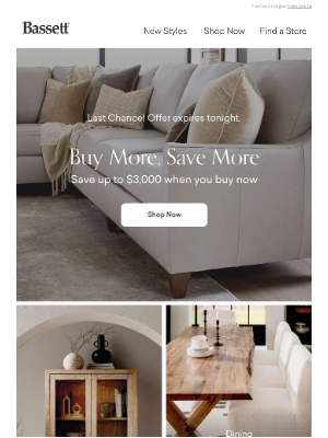 Bassett Furniture Industries - Final Hours to Take Up to $3,000 Off