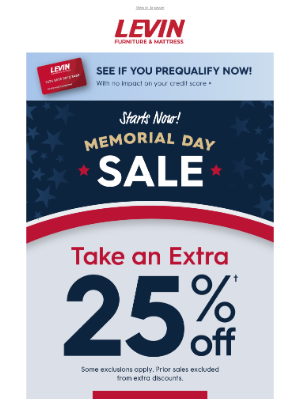 Levin Furniture - Take an Extra 25% Off! Memorial Day Start Now! 💥