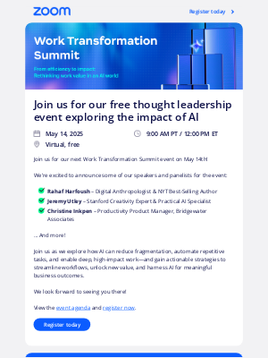 Zoom Video Communications - Speakers announced for Work Transformation Summit!