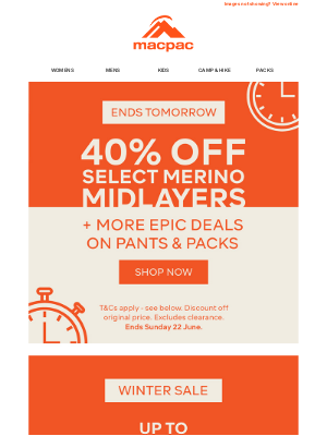 Macpac (Australia) - Ends Tomorrow — 40% Off Select Merino Midlayers + More Epic Deals