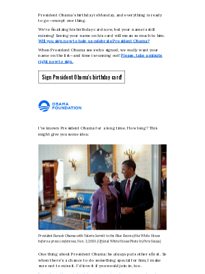 Obama Foundation - Last chance! Sign President Obama's birthday card