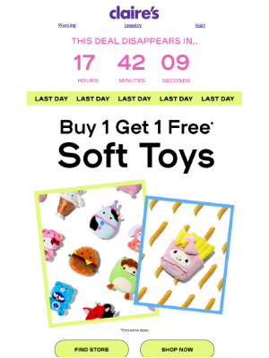Claire's - Cuddle Up With BOGO Soft Toys + B3G3 Everything!