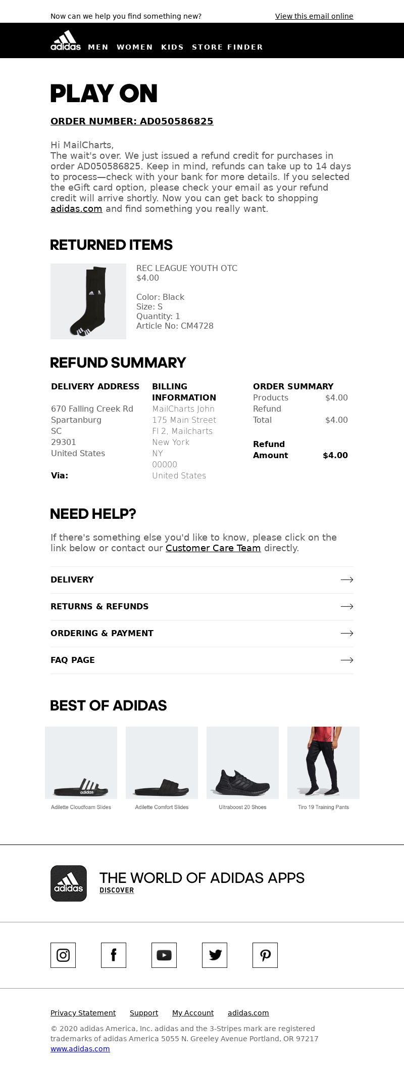 Adidas USA - MailCharts, your adidas return credit was issued